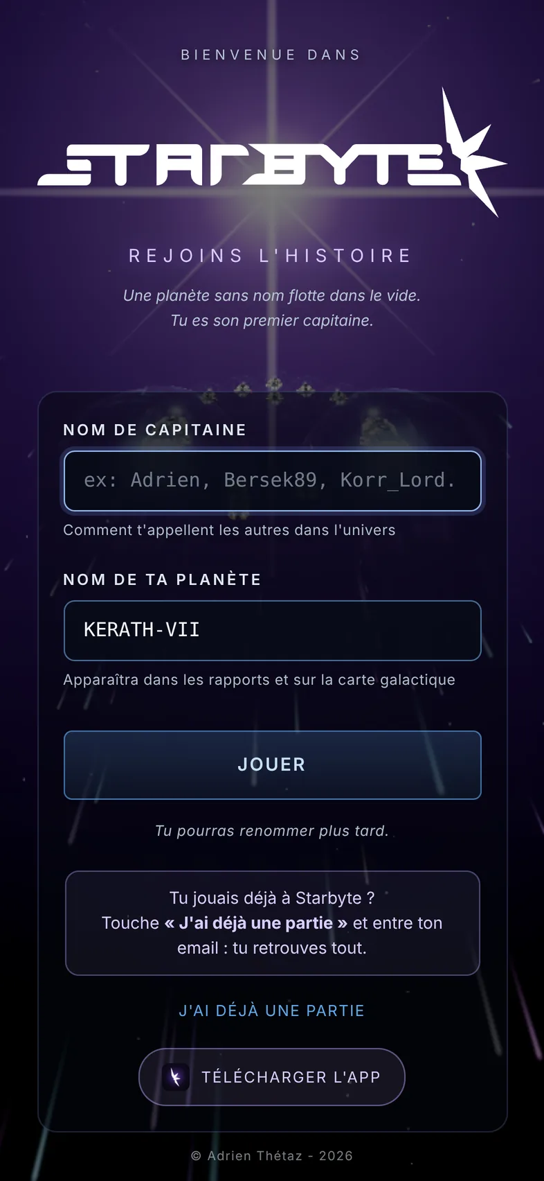 Capture du jeu : l'écran d'accueil, nom de capitaine et de planète