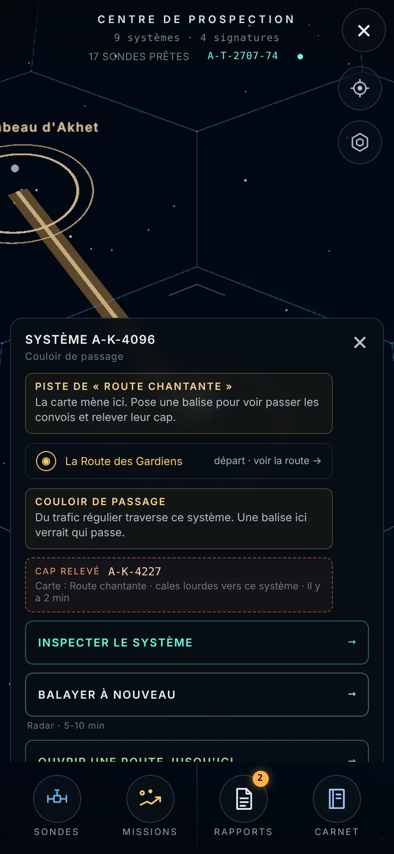 Capture du jeu : la carte spatiale du Centre de prospection, un système et ses routes