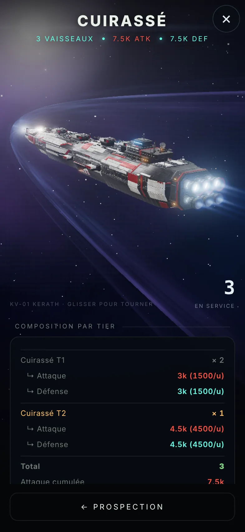 Capture du jeu : fiche du cuirassé KV-01 en vol, traînée de plasma