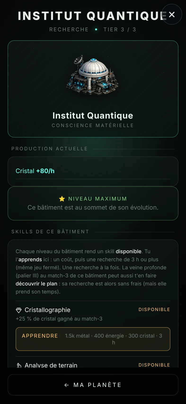 Capture du jeu : fiche de l'Institut quantique et ses skills