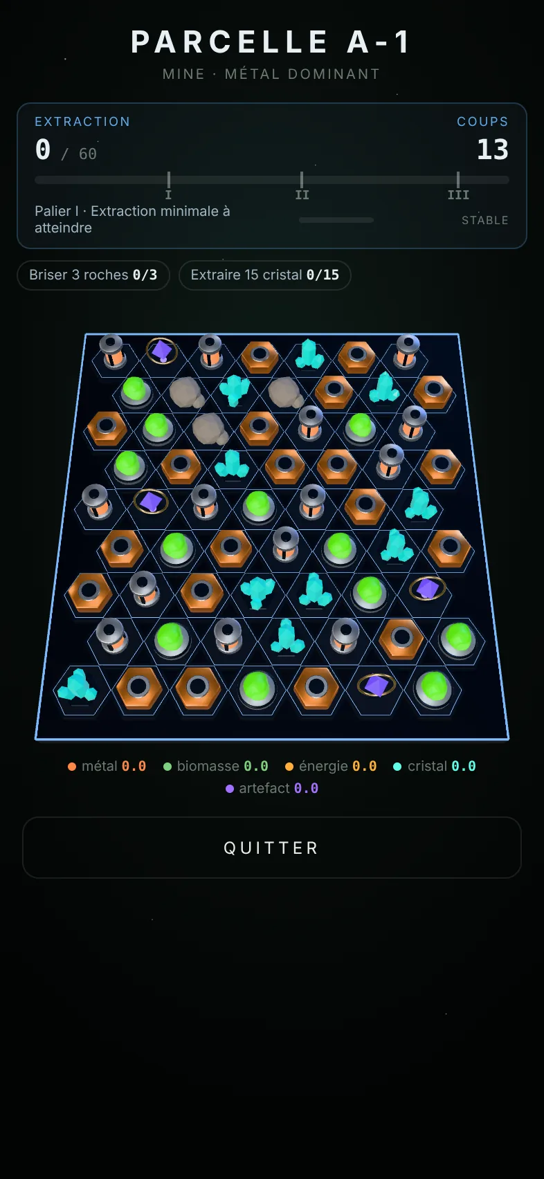 Capture du jeu : grille de match-3 hexagonale avec des tuiles de métal, cristal et biomasse, parcelle A-1